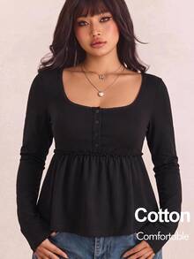 CovetEZ New Comfortable Pure Cotton Long Sleeve Ruffle Hem A-Line Casual Plus Size T-Shirt Fall - Black - View 1