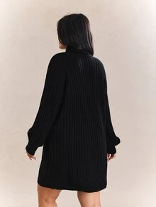 CovetEZ Plus Size Loose Turtleneck Batwing Sleeve Chunky Knit Sweater Dress, Autumn/Winter Fall - Black - View 2