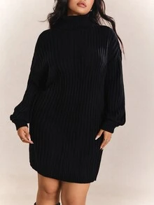 CovetEZ Plus Size Loose Turtleneck Batwing Sleeve Chunky Knit Sweater Dress, Autumn/Winter Fall - Black - View 4