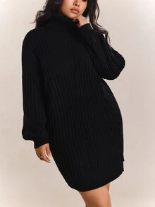 CovetEZ Plus Size Loose Turtleneck Batwing Sleeve Chunky Knit Sweater Dress, Autumn/Winter Fall - Black - View 3