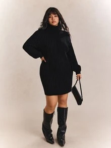 CovetEZ Plus Size Loose Turtleneck Batwing Sleeve Chunky Knit Sweater Dress, Autumn/Winter Fall - Black - View 6
