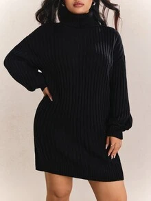 CovetEZ Plus Size Loose Turtleneck Batwing Sleeve Chunky Knit Sweater Dress, Autumn/Winter Fall - Black - View 5