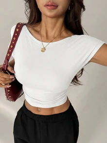 SHEIN PETITE 女款休閒純色露背短版T恤，夏季上衣，適合嬌小女性 - 白色 - 查看 5