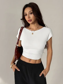 SHEIN PETITE 女款休閒純色露背短版T恤，夏季上衣，適合嬌小女性 - 白色 - 查看 2