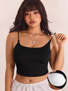 CovetEZ Camiseta de tirantes finos de unicolor con sujetador con relleno incorporado para mujer de talla grande - Negro - Ver 1