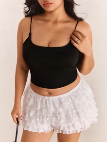 CovetEZ Camiseta de tirantes finos de unicolor con sujetador con relleno incorporado para mujer de talla grande - Negro - Ver 4