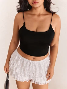 CovetEZ Camiseta de tirantes finos de unicolor con sujetador con relleno incorporado para mujer de talla grande - Negro - Ver 5