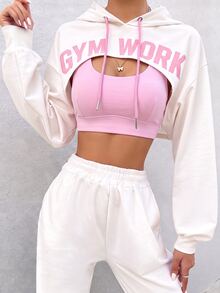Rovax 2pcs/Set + Regular Fit + Cropped + Hooded + Drawstring / Basic Style / White + Pink / Sports Set + Fitness + Yoga - Multicolor - View 9