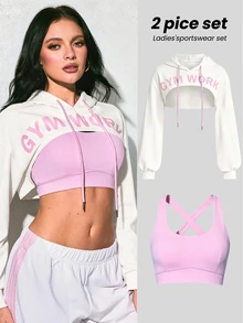 Rovax 2pcs/Set + Regular Fit + Cropped + Hooded + Drawstring / Basic Style / White + Pink / Sports Set + Fitness + Yoga - Multicolor - View 2
