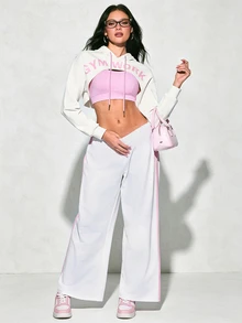 Rovax 2pcs/Set + Regular Fit + Cropped + Hooded + Drawstring / Basic Style / White + Pink / Sports Set + Fitness + Yoga - Multicolor - View 4