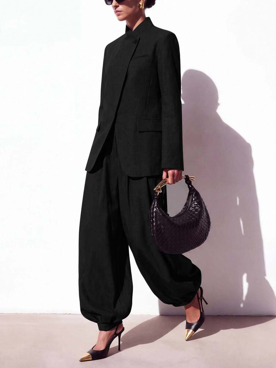Zivah Women's Solid Color Long Sleeve Jacket And Pants Casual Commute Suit Set - Black - View 1