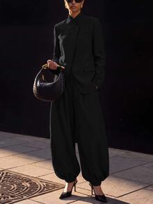 Zivah Women's Solid Color Long Sleeve Jacket And Pants Casual Commute Suit Set - Black - View 5
