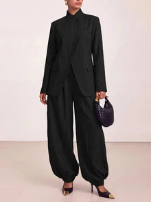 Zivah Women's Solid Color Long Sleeve Jacket And Pants Casual Commute Suit Set - Black - View 6