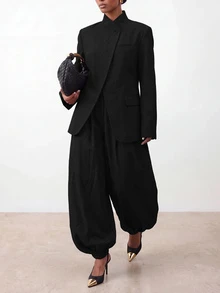 Zivah Women's Solid Color Long Sleeve Jacket And Pants Casual Commute Suit Set - Black - View 3