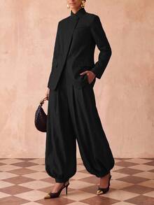 Zivah Women's Solid Color Long Sleeve Jacket And Pants Casual Commute Suit Set - Black - View 4