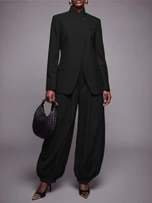 Zivah Women's Solid Color Long Sleeve Jacket And Pants Casual Commute Suit Set - Black - View 8