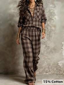 Linhara CURVE Plus Size Women's Casual Check Shirt And Pants Autumn Set Fall - Brown - View 3