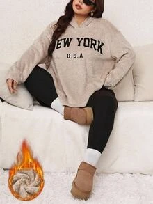 Comfylo Women Plus Size Hooded Letter Print Kindness Black Pants Two Pieces Set Winter Formal Home Wear Holiday Beige Streetwear Casual Anti Social - Multicolor - View 1