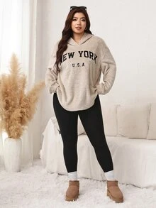 Comfylo Women Plus Size Hooded Letter Print Kindness Black Pants Two Pieces Set Winter Formal Home Wear Holiday Beige Streetwear Casual Anti Social - Multicolor - View 7