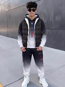 SHEIN 2件組兒童青少年男孩休閒運動漸層紮染連帽衛衣與運動長褲套裝，適合秋冬、學校、家庭聚會、返校季，秋季穿搭，冬季穿搭 - 黑與白 - 查看 4