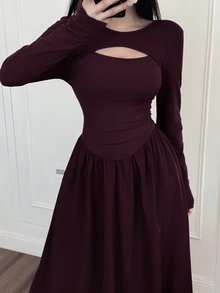 Feyla Elegant Hollow-Out French Style Slimming Dress Dinner Date Night Burgundy Autumn - Red Violet - View 3