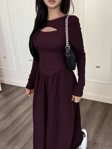 Feyla Elegant Hollow-Out French Style Slimming Dress Dinner Date Night Burgundy Autumn - Red Violet - View 5