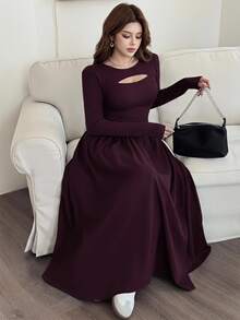 Feyla Elegant Hollow-Out French Style Slimming Dress Dinner Date Night Burgundy Autumn - Red Violet - View 1