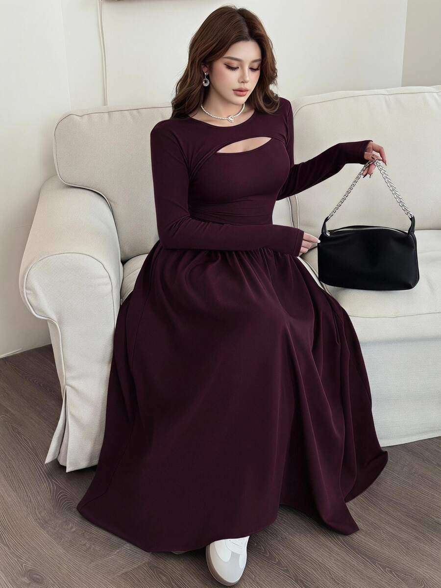 Feyla Elegant Hollow-Out French Style Slimming Dress Dinner Date Night Burgundy Autumn - Red Violet - View 1