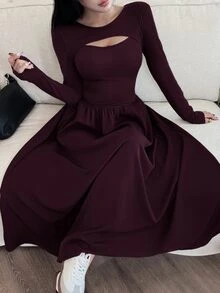 Feyla Elegant Hollow-Out French Style Slimming Dress Dinner Date Night Burgundy Autumn - Red Violet - View 6