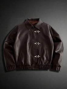GETOML Men's Airplane Buckle Design Long Sleeve Casual Retro 80s Jacket Vacation Dark Brown Autumn Winter - Black - View 2