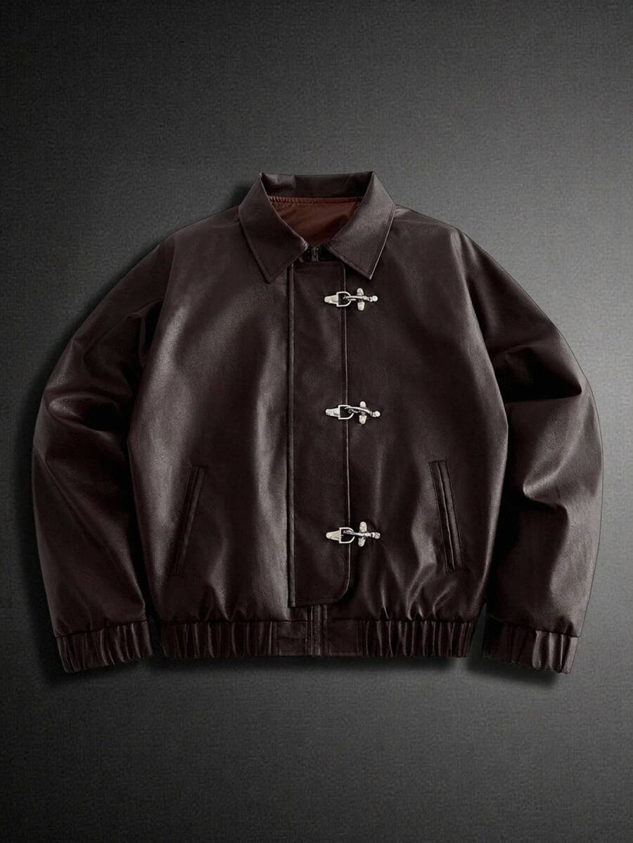 GETOML Men's Airplane Buckle Design Long Sleeve Casual Retro 80s Jacket Vacation Dark Brown Autumn Winter