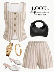SHEIN Clasi Women's Striped Single-Breasted Top And Shorts Casual Daily Set - Multicolor - View 2