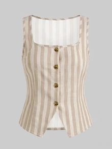 SHEIN Clasi Women's Striped Single-Breasted Top And Shorts Casual Daily Set - Multicolor - View 5