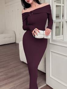 Feyla Women's Solid Color Off-The-Shoulder Metallic Elegant Long Sleeve Dress - Purple - View 2