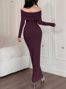 Feyla Women's Solid Color Off-The-Shoulder Metallic Elegant Long Sleeve Dress - Purple - View 5