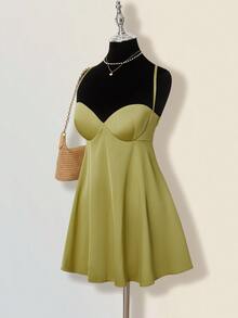 SHEIN ICON Solid Color Minimalist Sexy Criss-Cross Backless A-Line Mini Dress Olive Dress - Green - View 4