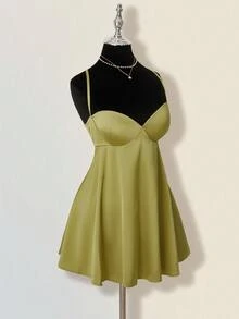 SHEIN ICON Solid Color Minimalist Sexy Criss-Cross Backless A-Line Mini Dress Olive Dress - Green - View 7
