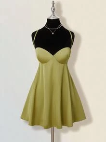 SHEIN ICON Solid Color Minimalist Sexy Criss-Cross Backless A-Line Mini Dress Olive Dress - Green - View 3