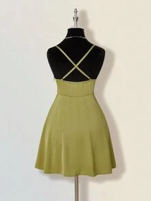 SHEIN ICON Solid Color Minimalist Sexy Criss-Cross Backless A-Line Mini Dress Olive Dress - Green - View 9