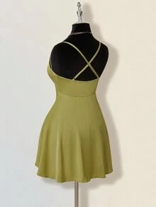 SHEIN ICON Solid Color Minimalist Sexy Criss-Cross Backless A-Line Mini Dress Olive Dress - Green - View 8