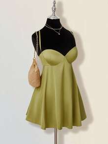 SHEIN ICON Solid Color Minimalist Sexy Criss-Cross Backless A-Line Mini Dress Olive Dress - Green - View 6