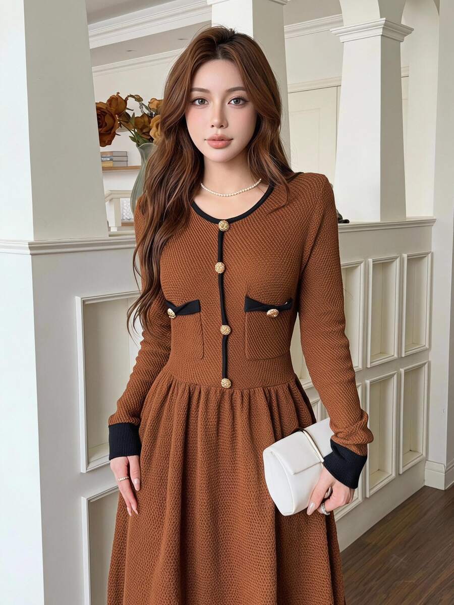 Feyla Women's Colorblock Round Neck Long Sleeve Button Design Elegant Knit Dress