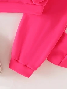 SHEIN Explorewe 2 件年轻女孩休闲简约运动装 - 圆领宽松植绒字母长袖运动衫和松紧腰纯色保暖内衬运动裤，秋冬 - 玫紅色 - 查看 4