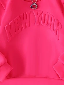 SHEIN Explorewe 2 件年轻女孩休闲简约运动装 - 圆领宽松植绒字母长袖运动衫和松紧腰纯色保暖内衬运动裤，秋冬 - 玫紅色 - 查看 5