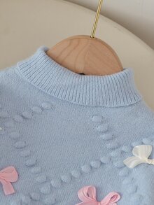 SHEIN 女嬰休閒可愛藍色蝴蝶結針織高領毛衣＋針織寬腿褲 2件套，柔軟舒適，適合日常外出、旅行度假、托兒所與玩耍 - 藍色 - 查看 7