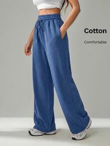 Women's Casual Drawstring Waist Long Pants For Daily Wear And Vacation - Blue - View 7