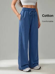 Women's Casual Drawstring Waist Long Pants For Daily Wear And Vacation - Blue - View 3