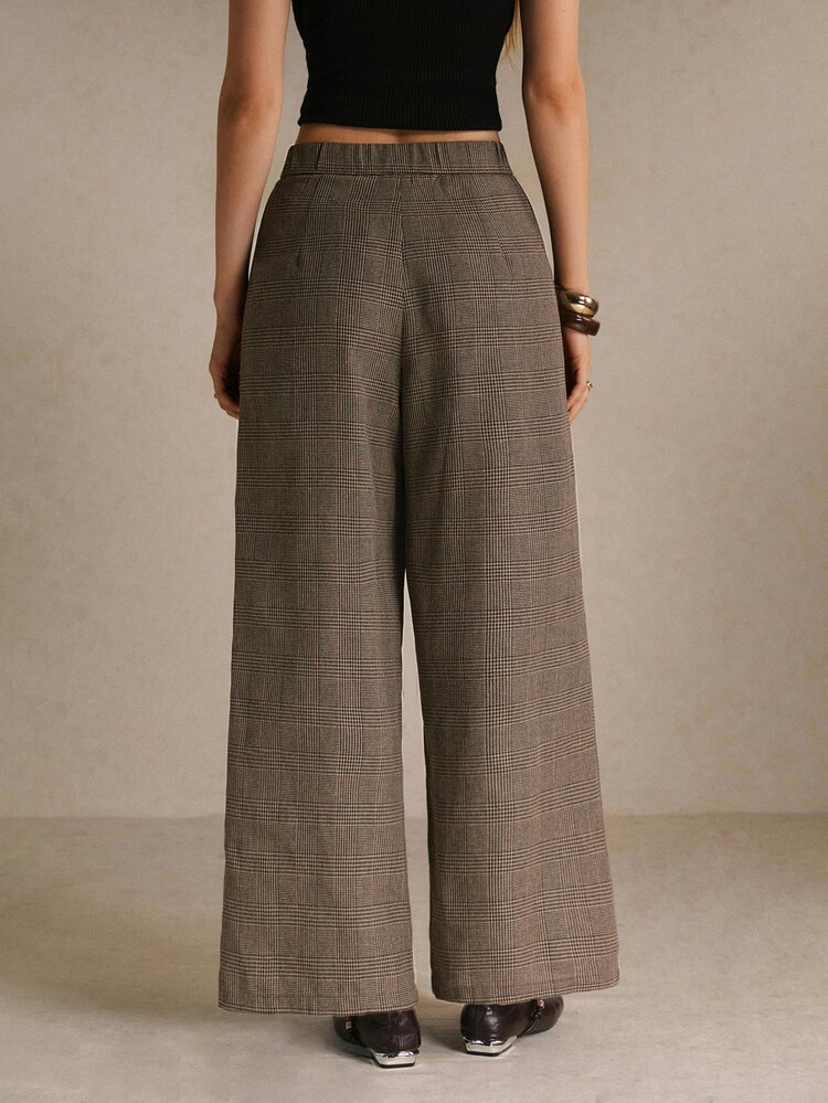 Poéselle Women's Plaid Pleated Fashion Commuter Office Business Wide Leg Suit Pants Grey Plaid Fall Casual - Brown - View 7