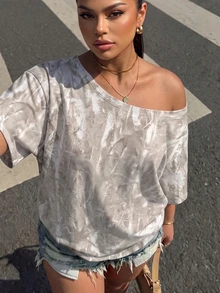 Muchica Street Style Branch Camouflage Pattern Women's Casual Minimalist Print Off-Shoulder Loose Short Sleeve T-Shirt Plus Size - Multicolor - View 4