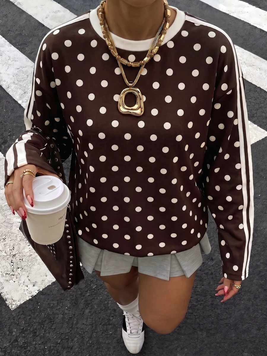 Muchica Casual Streetwear Minimalist Polka Dot Pattern Plus Size Women's T-Shirt Spring Autumn Fall Vacation Formal Brown - Multicolor - View 1